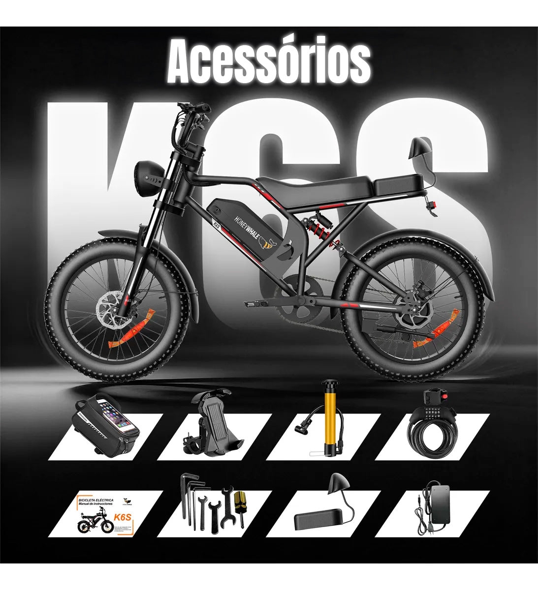 Honeywhale K6s Bicicleta Elétrica 1080w 65km 55km/h Preto
