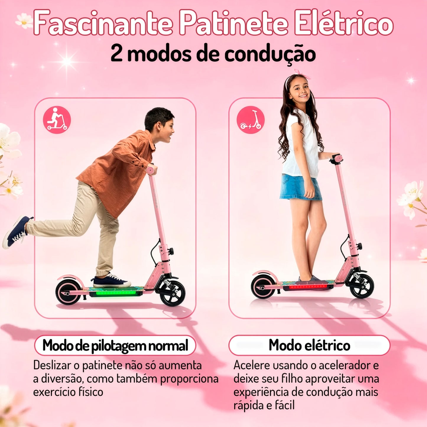 HONEYWHALE E10S Patinete Elétrico Infantil, 180W-16KM/H-6KM, Motor-Velocidade-Autonomia-Máxima, Pedal com 3 Cores de Luzes Gradientes, Suspensão Dianteira, 6,5" Pneu Sólido, Honey Whale rosa