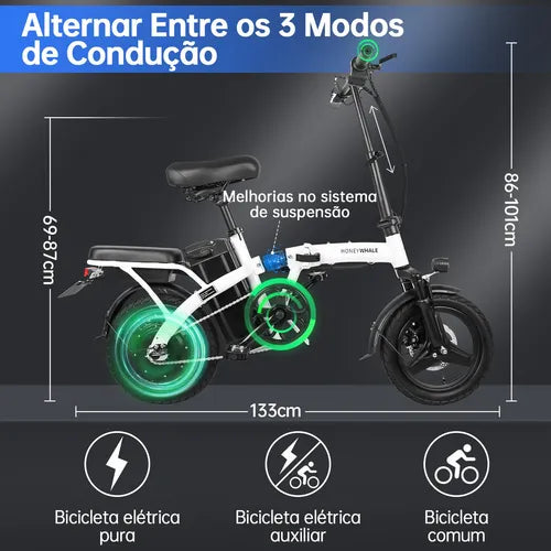 Honey Whale S6-s - branco - Bicicleta Elétrica 750w 40km 35km/h