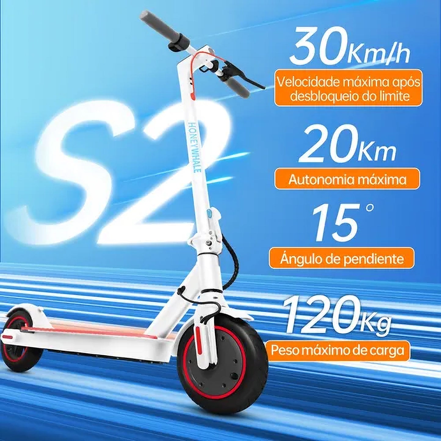 Honey Whale S2 - Branco - Patinete Elétrico Scooter 500w 30km/h 20km