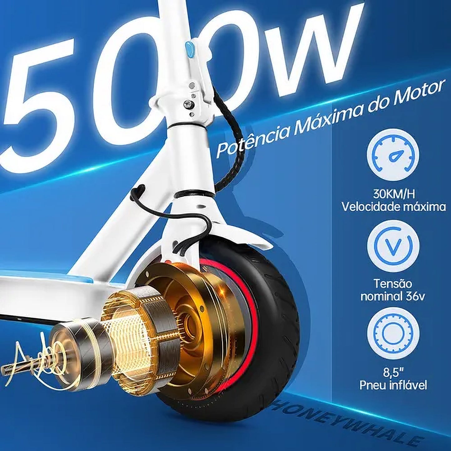 Honey Whale S2 - Branco - Patinete Elétrico Scooter 500w 30km/h 20km