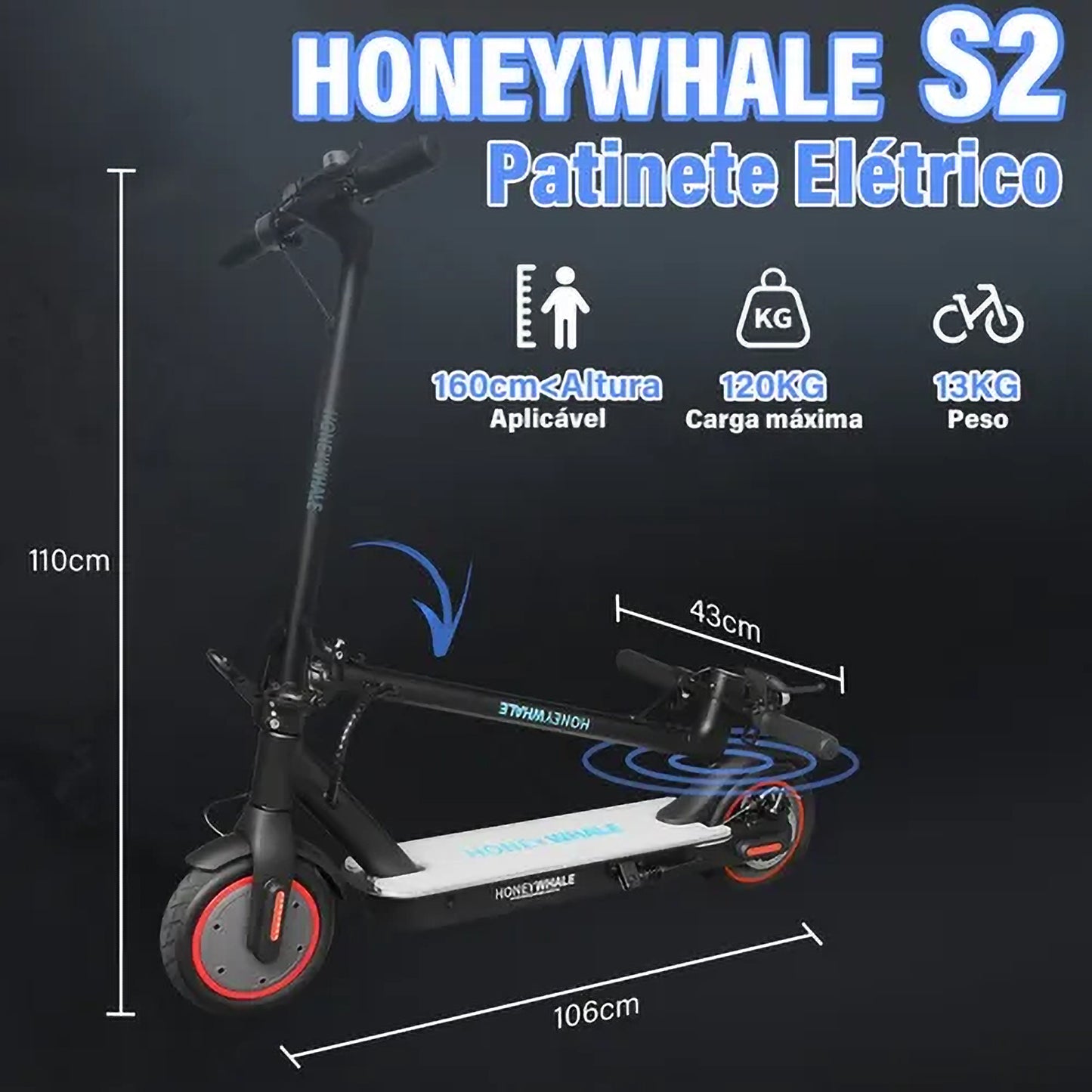 Honey Whale S2 - Preto - Patinete Elétrico Scooter 500w 30km/h 20km