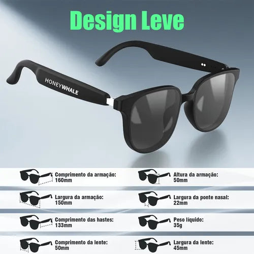 Honeywhale Gl-08 Óculos Sol Bluetooth, Proteção Uv400 Armação Preto Lente Preto Desenho Espelho